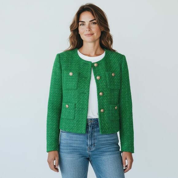 Rachel Zoe Women's Boucle Tweed Green Collarless Cropped Jacket - Size Large - Picture 1 of 10